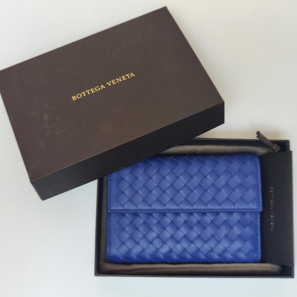 New Bottega Veneta Intrecciato Leather Woven Trifold Wallet Zipper Blue